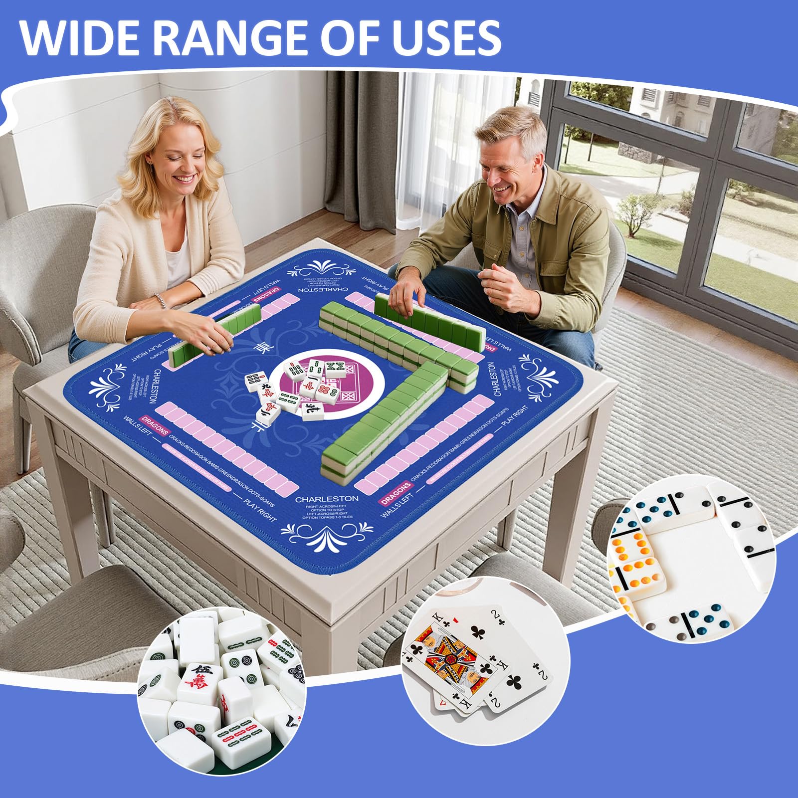 Qwiayeal Mahjong Mat Blue-1 dice and instruction cards for versatile gameplay.