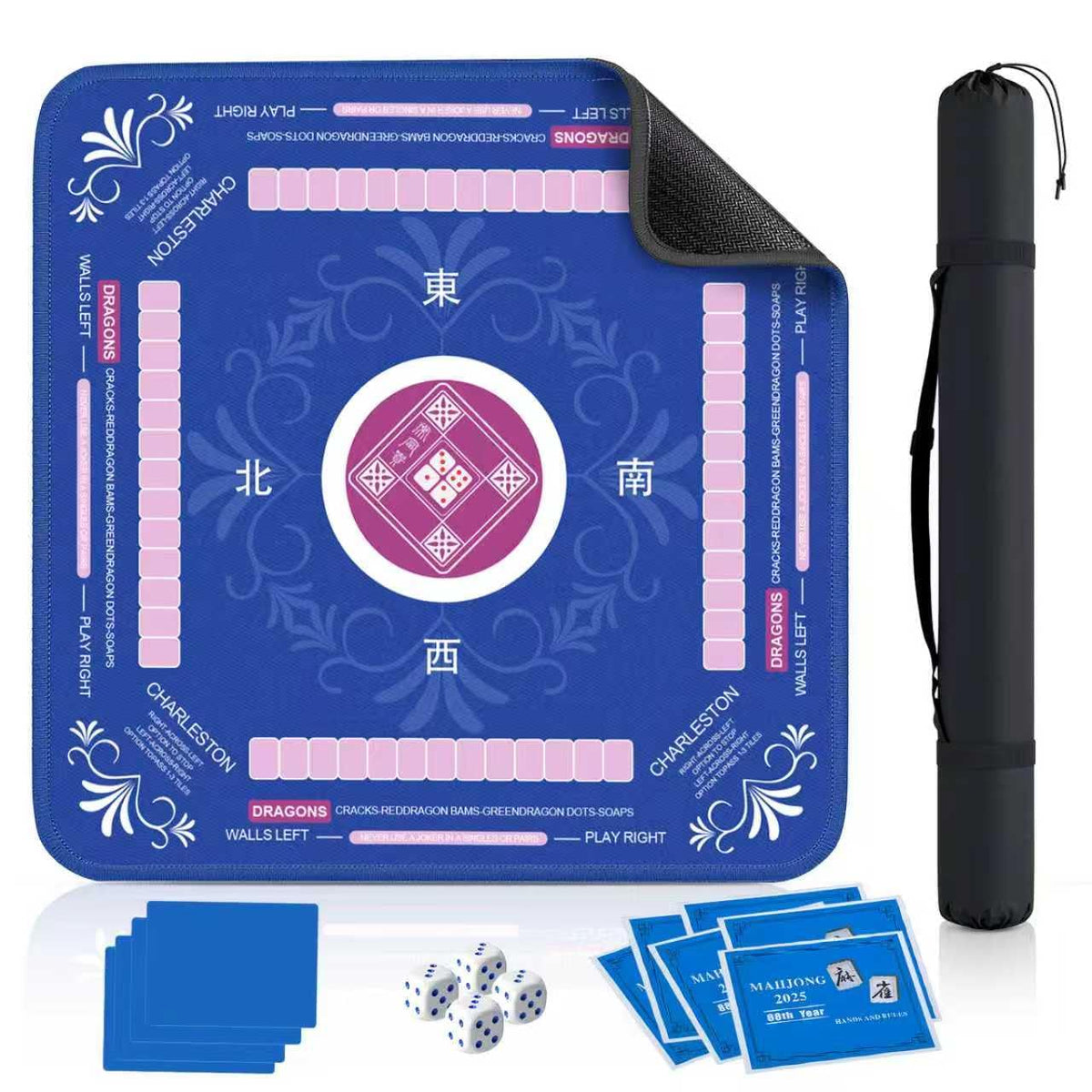Qwiayeal Mahjong Mat Blue-1 front view with non-slip surface for stable table play.