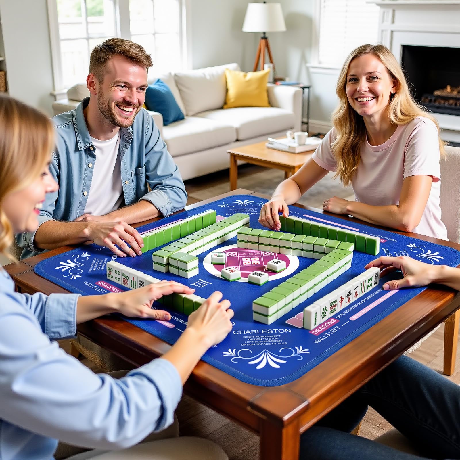 Qwiayeal Mahjong Mat Blue-1 tabletop setup demonstrates quiet, focused play.