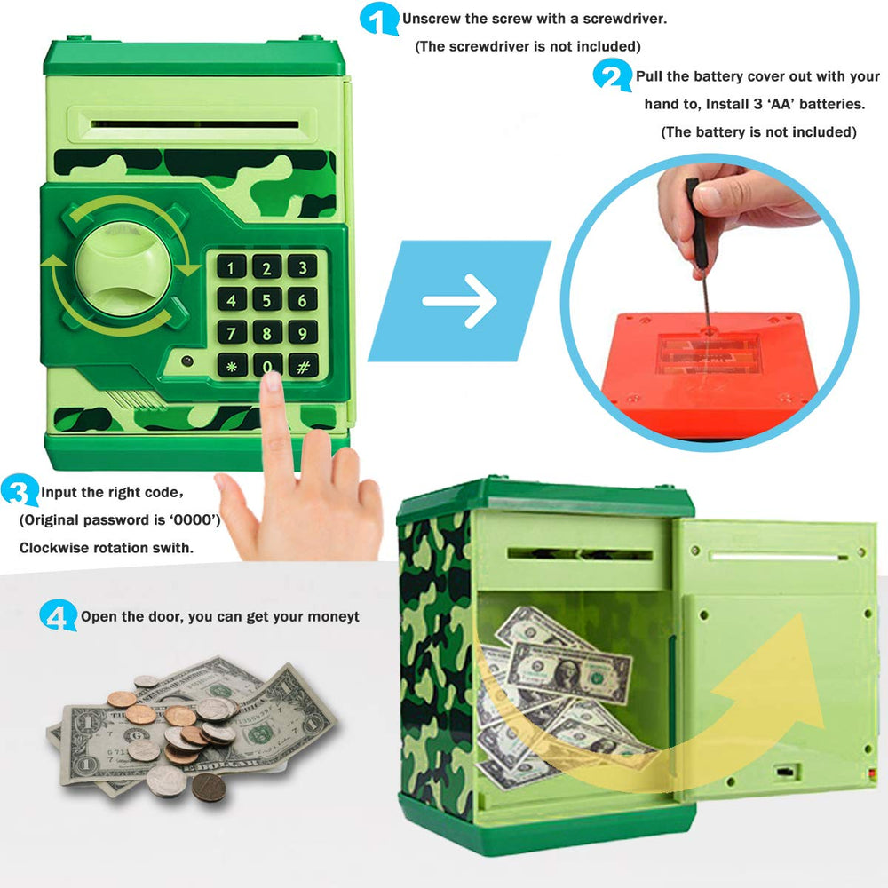 Qwifyu camouflage green piggy bank battery compartment requiring 3 AA batteries