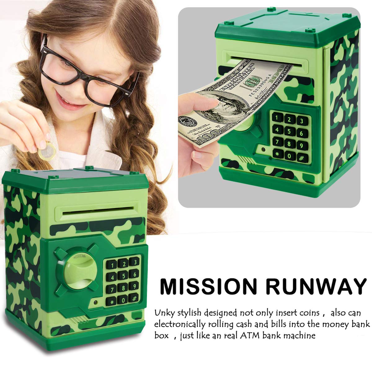 Qwifyu camouflage green piggy bank coin slot top for easy saving