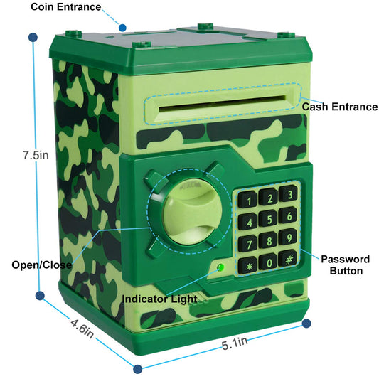 Qwifyu camouflage green piggy bank digital lock close-up highlighting password protection