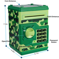 Qwifyu camouflage green piggy bank digital lock close-up highlighting password protection