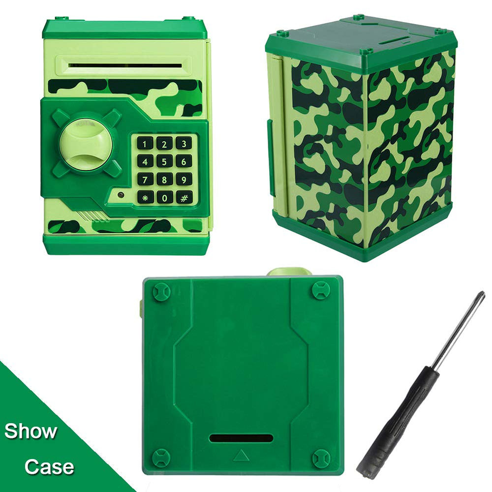 Qwifyu camouflage green piggy bank reel opening inside view for notes
