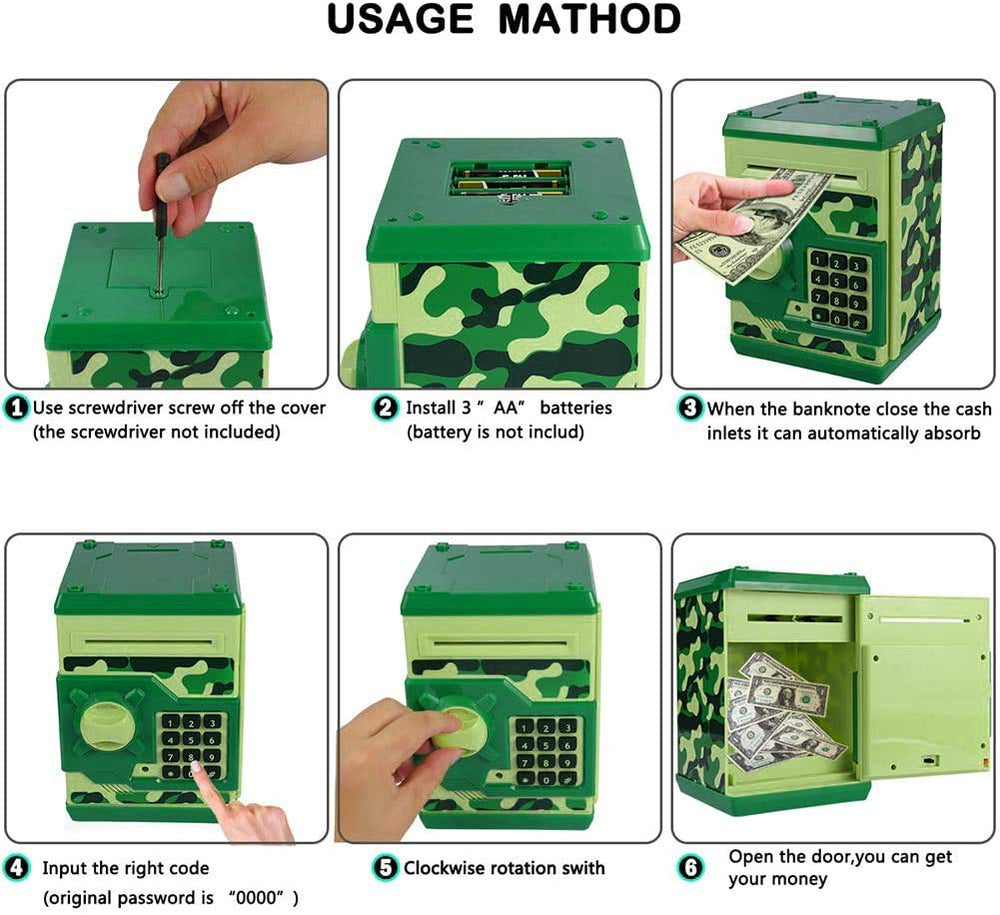 Qwifyu camouflage green piggy bank warranty card indicating 30-day replacement policy