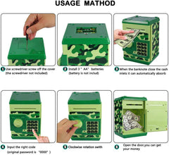 Qwifyu camouflage green piggy bank warranty card indicating 30-day replacement policy