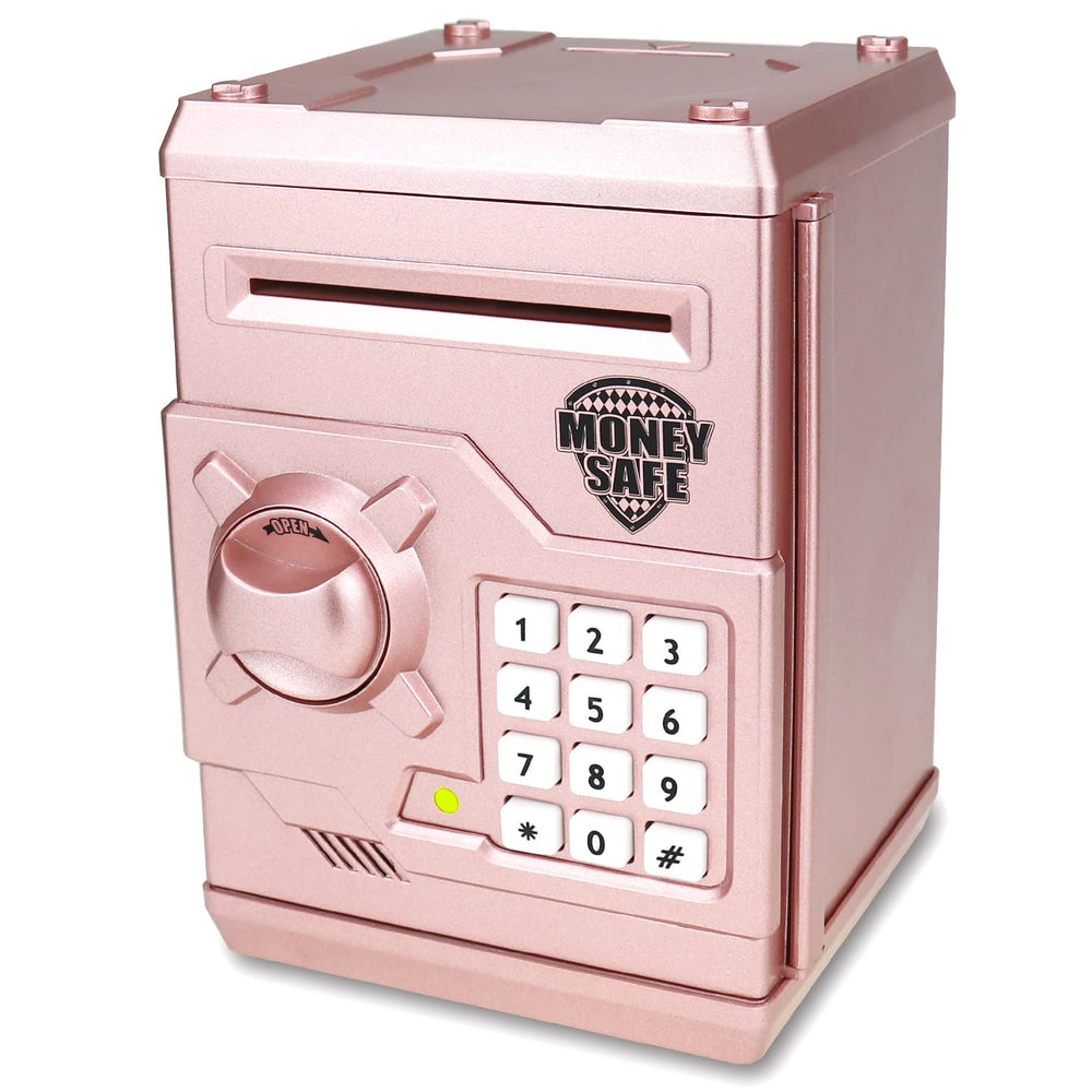 Qwifyu rose gold piggy bank front view with secure digital lock showing savings potential