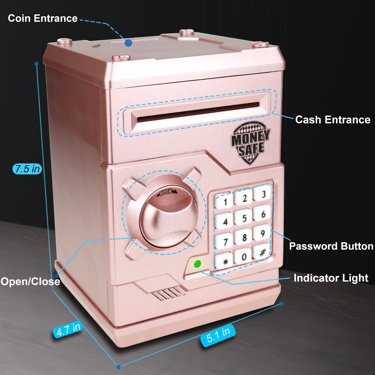 Qwifyu piggy bank side view highlighting compact size for home or school use