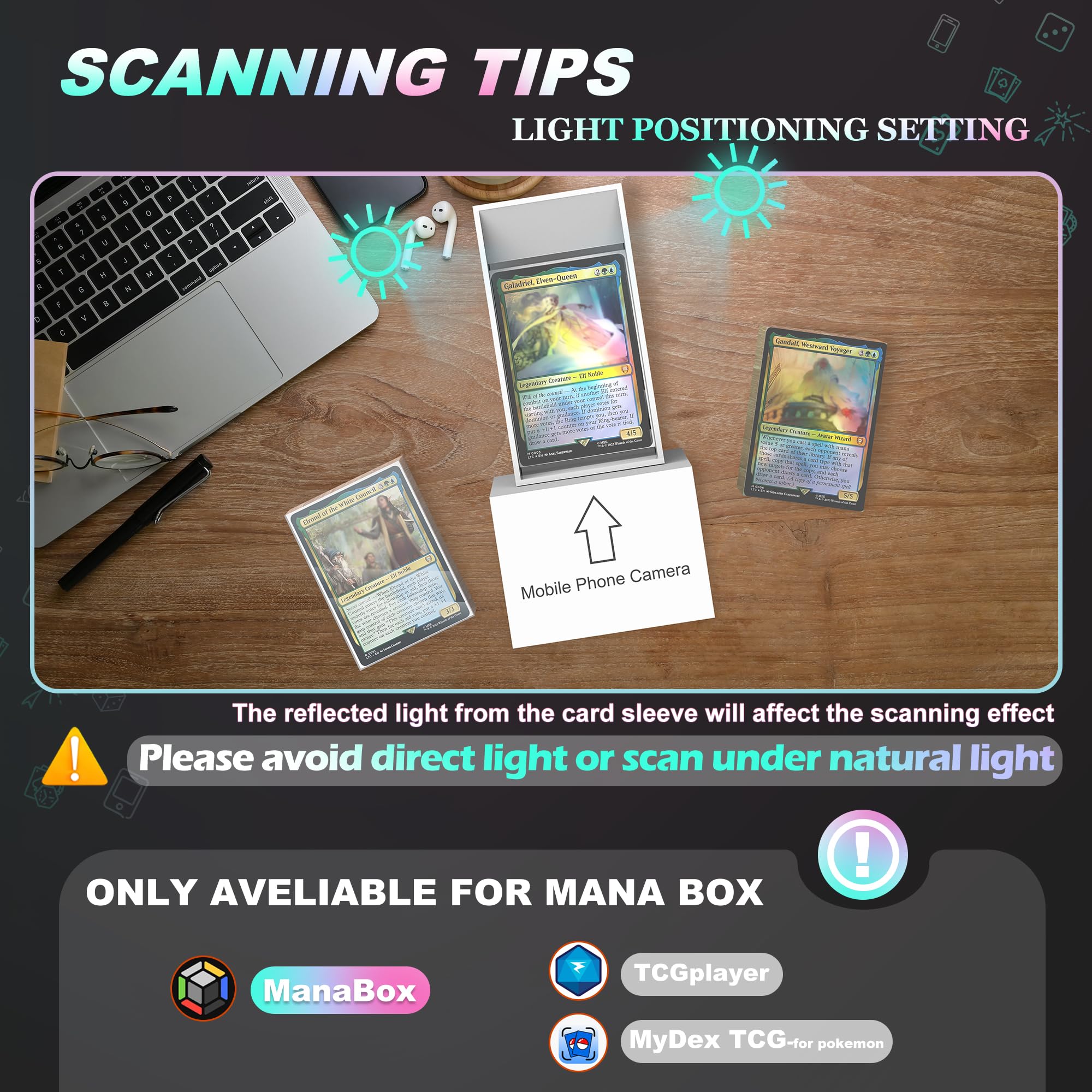 QWUIU MTG Card Scanner Stand with ManaBox app on screen.