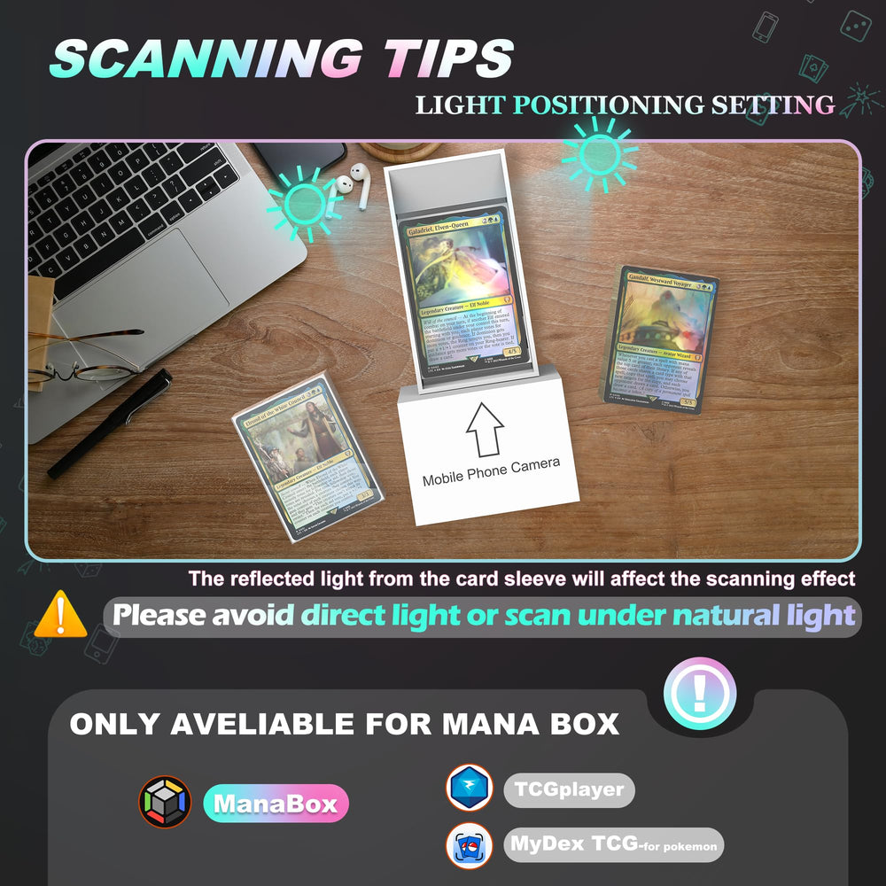 QWUIU MTG Card Scanner Stand with ManaBox app on screen.
