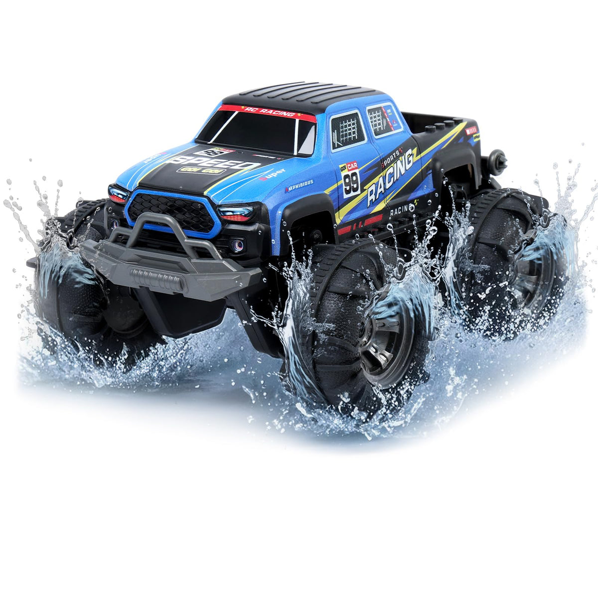 QXHOL waterproof monster truck RC car in rugged outdoor action.