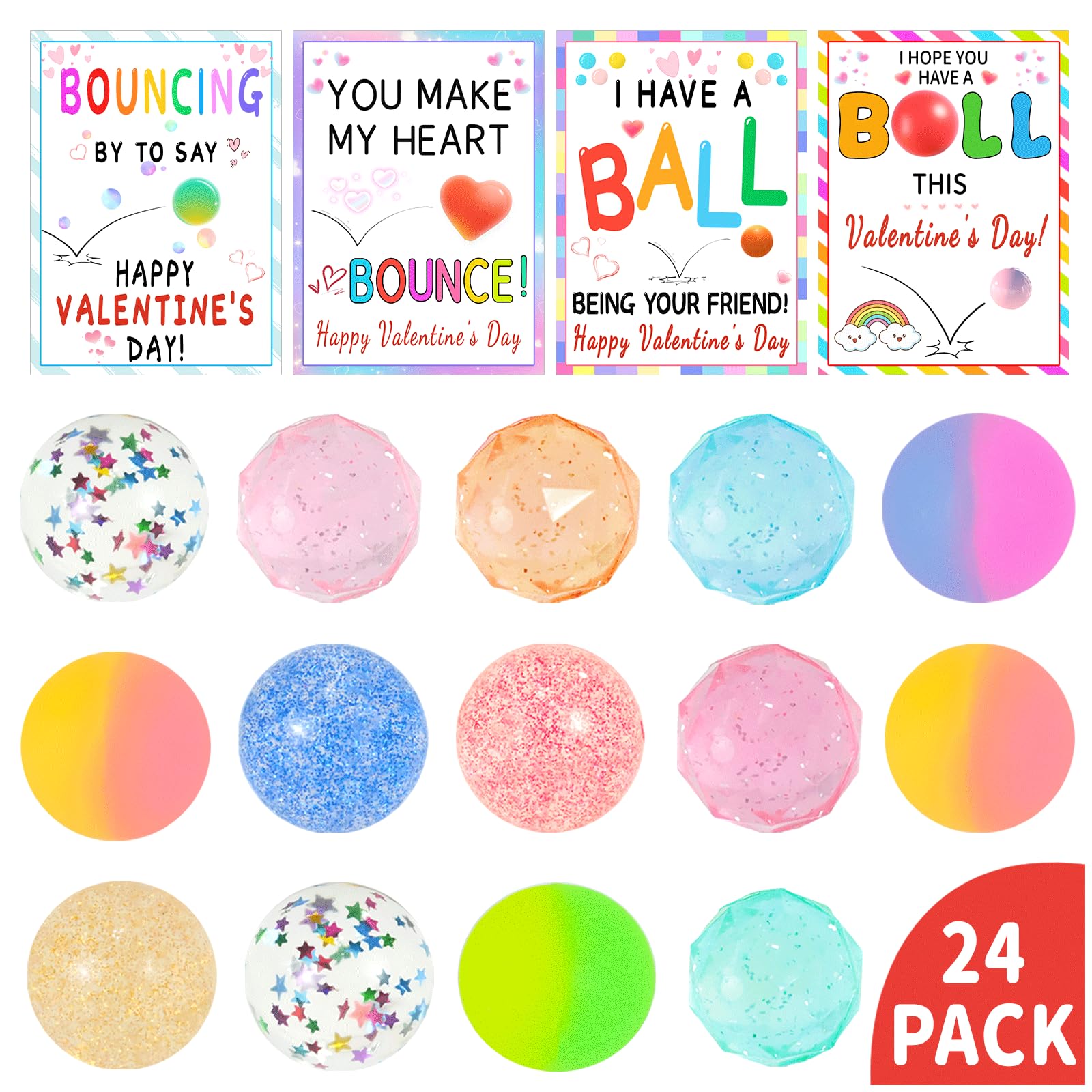 QYESQ valentines bouncy balls 24-pack for classroom prizes and play