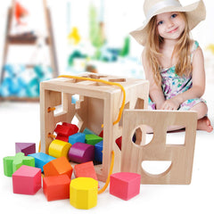 QZMTOY shape sorter features hinged lid and carrying strap for easy transport.