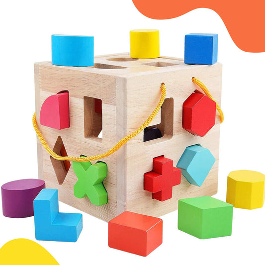 QZMTOY Shape Sorter Cube with 19 blocks promotes problem solving and color recognition.