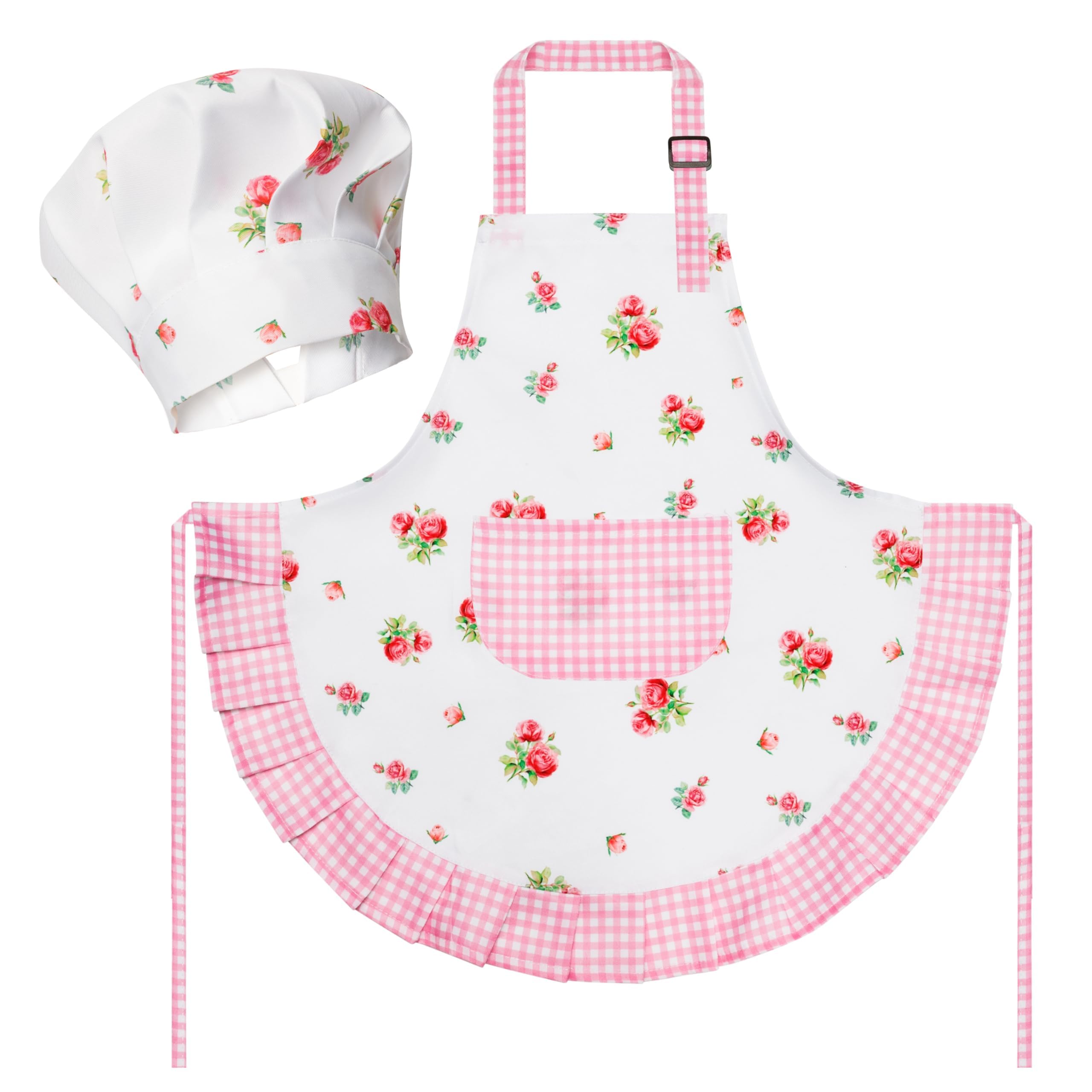 R HORSE kid apron plaid floral set worn by child during cooking