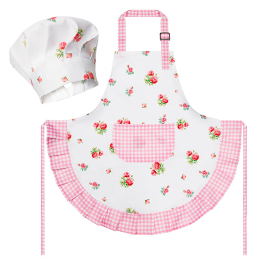 R HORSE kid apron plaid floral set worn by child during cooking