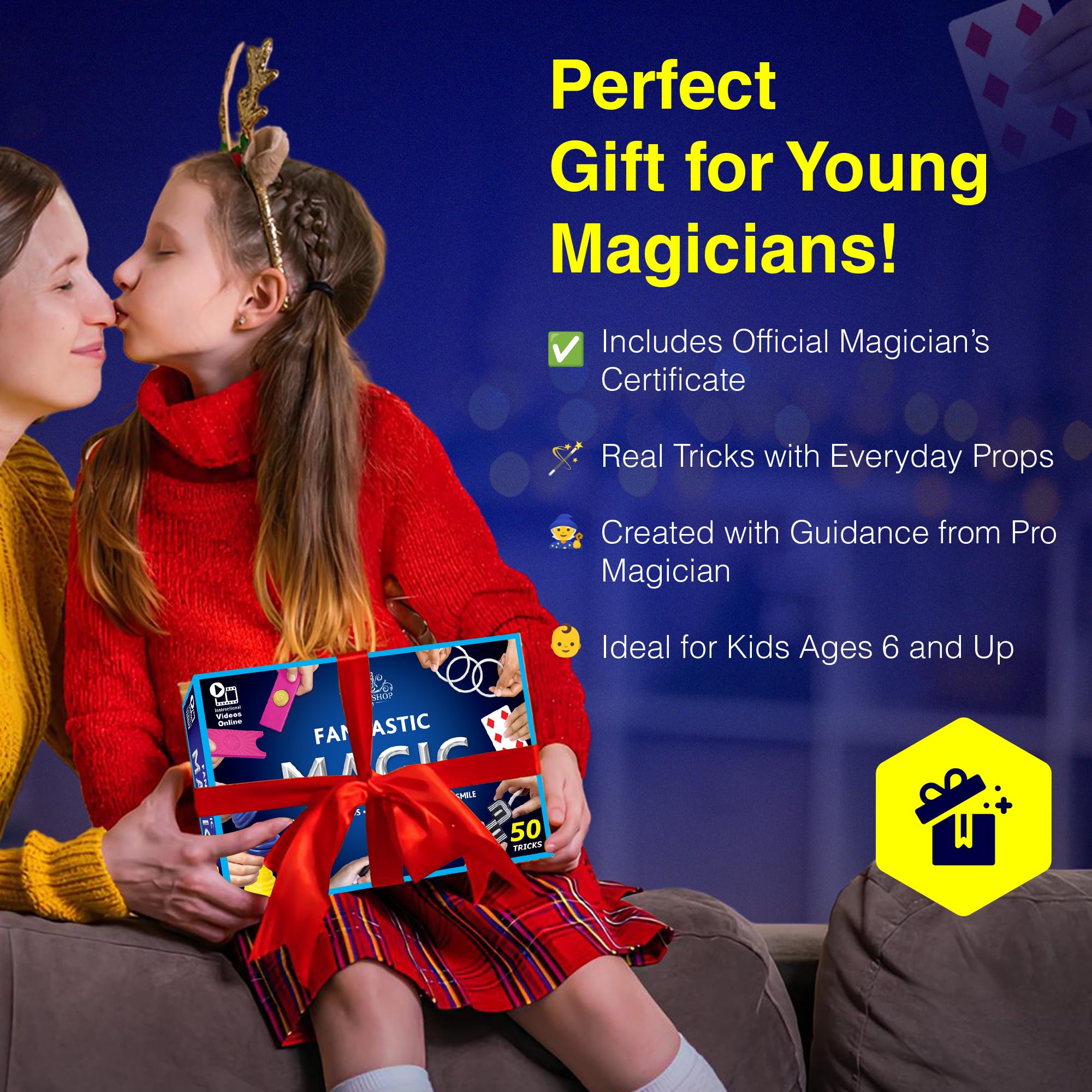 RA MAGIC SHOP family showtime scene with a child performing tricks for loved ones