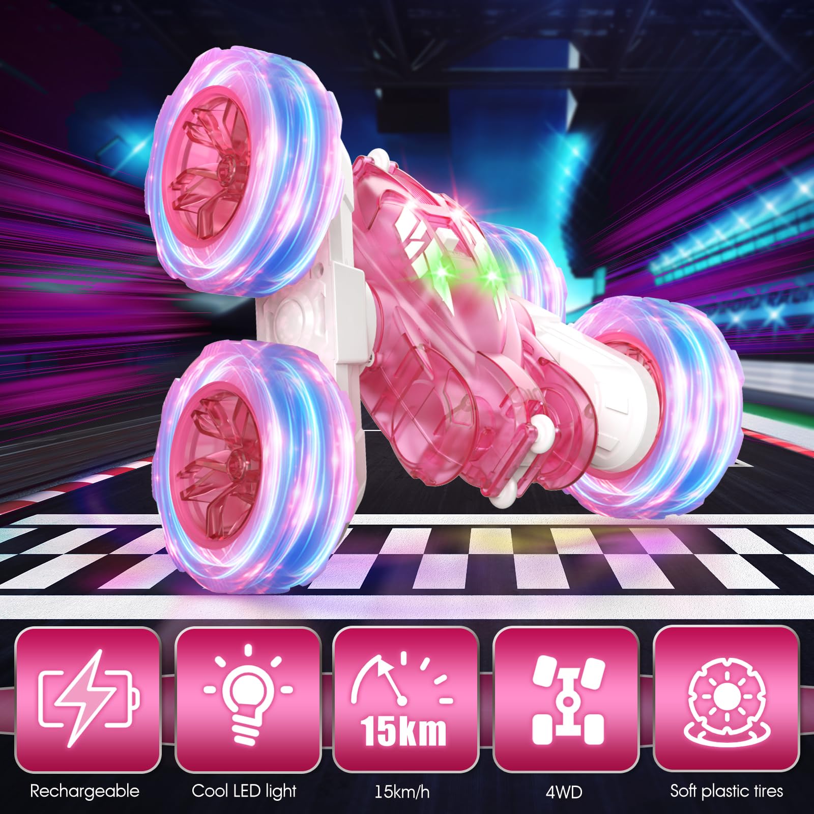 RacingFun pink RC car performing 360 degree rotation for stunts