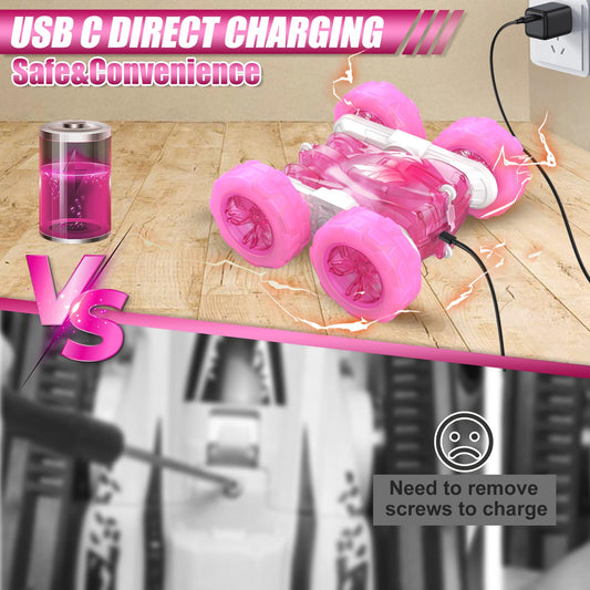 RacingFun pink RC car side view highlighting compact, kid-friendly form