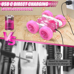 RacingFun pink RC car side view highlighting compact, kid-friendly form