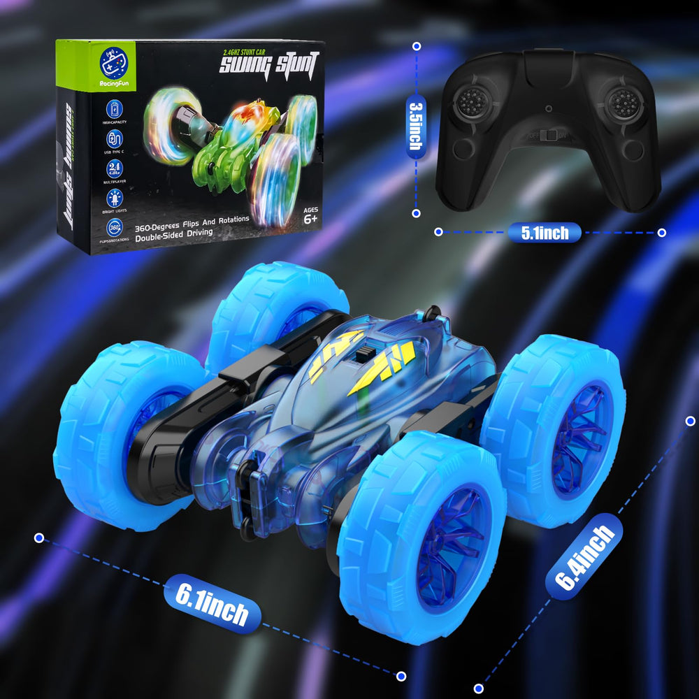 RacingFun blue RC car executing a 180-degree flip during playtime.