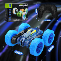 RacingFun blue RC car executing a 180-degree flip during playtime.