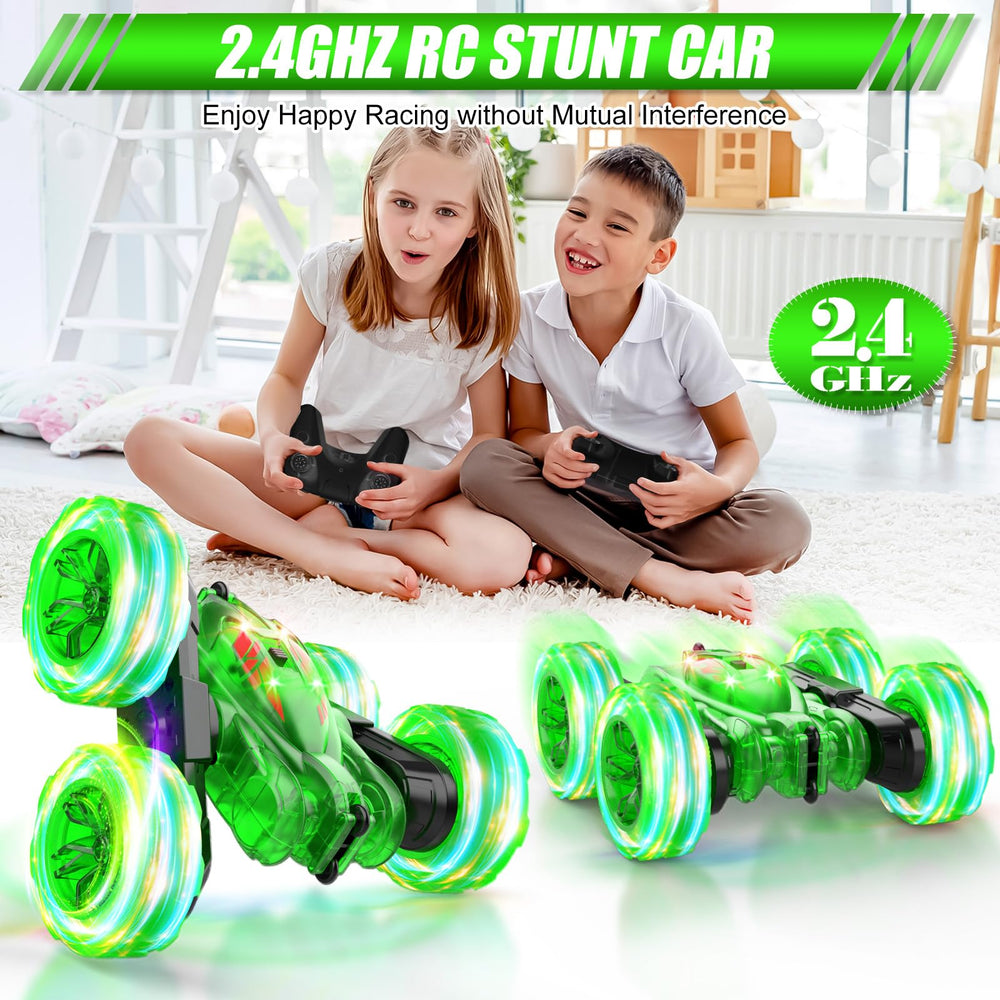 RacingFun RC car performing a 360-degree stunt for dynamic action