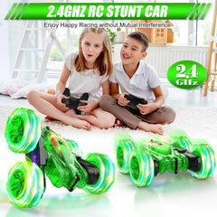 RacingFun RC car performing a 360-degree stunt for dynamic action