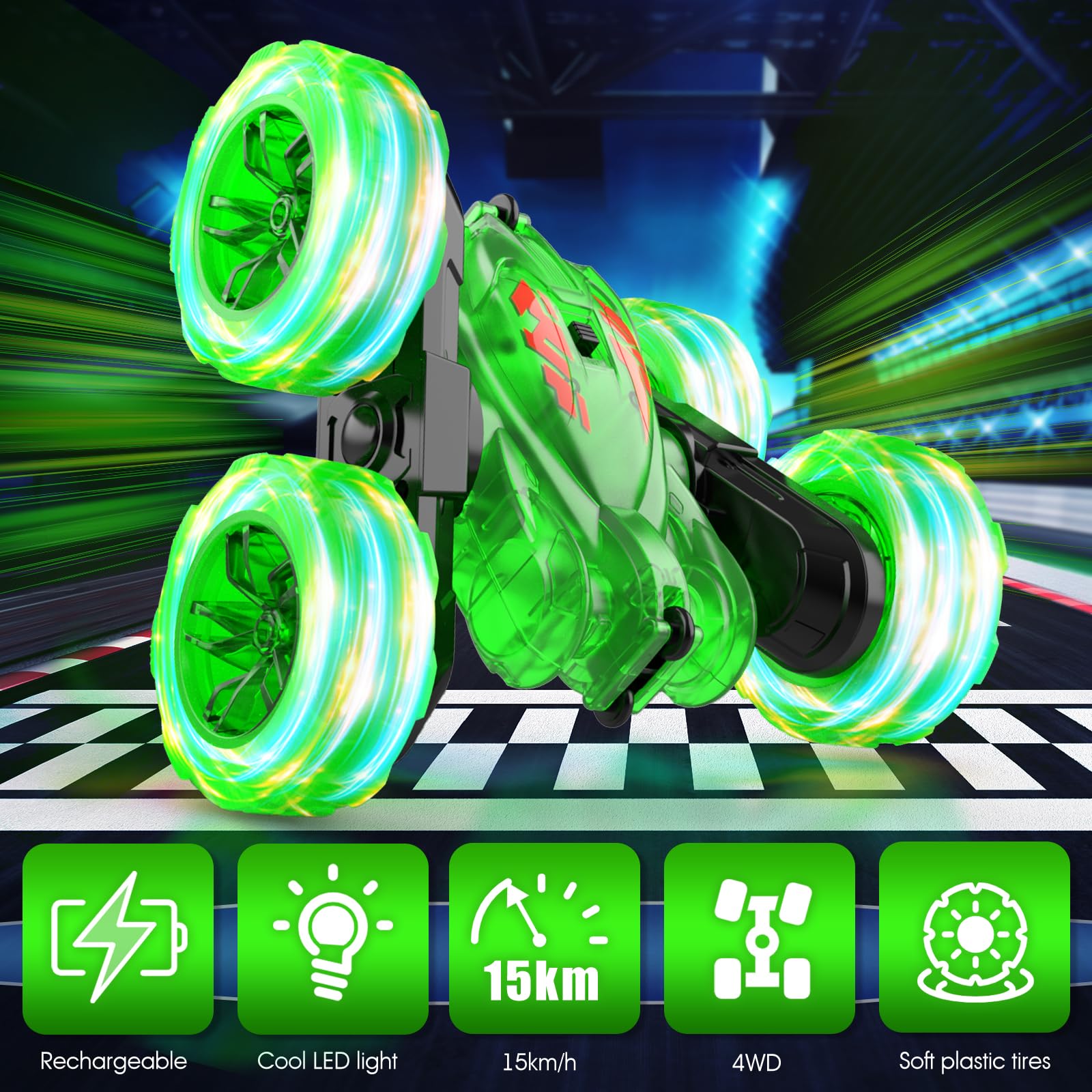 RacingFun RC car demonstrates off-road 4WD on grass and pavement