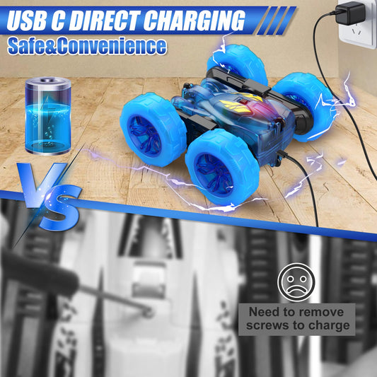 RacingFun remote-control car blue with side LED lights for night play.