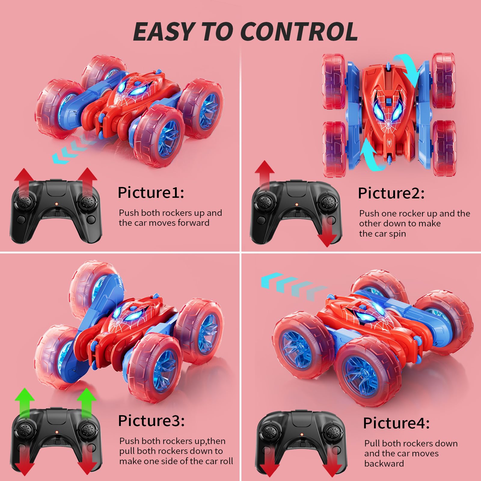 RacingFun Spider RC Car 360 rotation action in double-sided stunt design