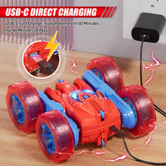 RacingFun Spider RC Car top view with bright LED wheel lights enhancing night play