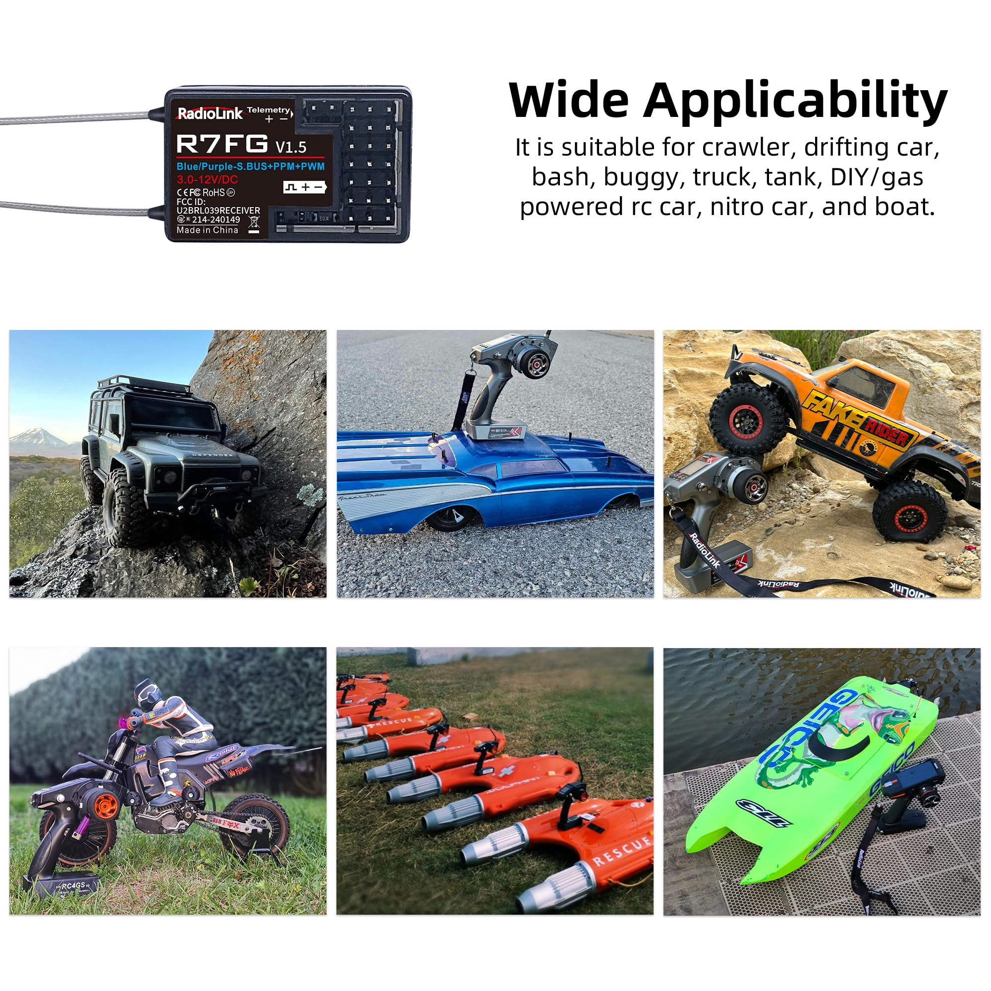 Radiolink R7FG telemetry live data shows battery level and RSSI.
