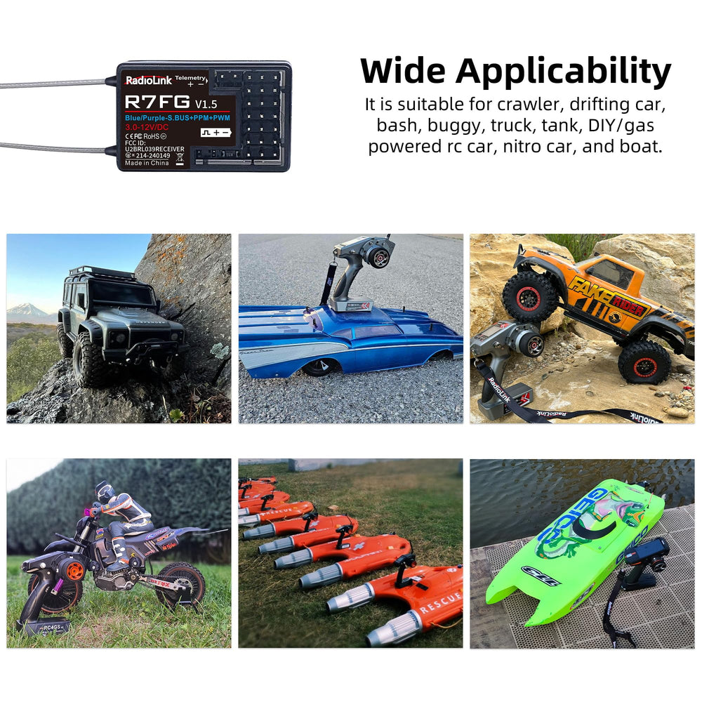 Radiolink R7FG telemetry live data shows battery level and RSSI.