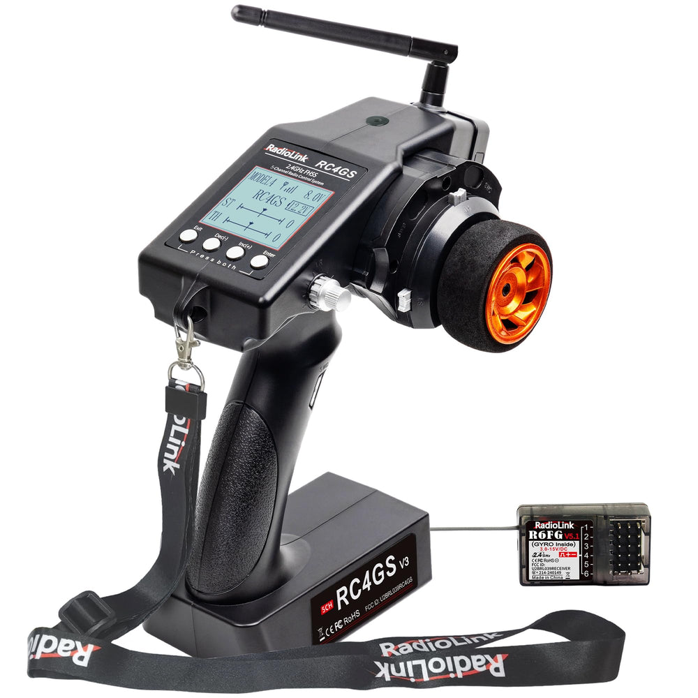 Radiolink RC4GS V3 transmitter front view with ergonomic grip for precise control