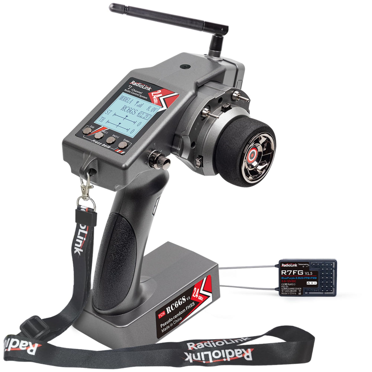 Radiolink RC6GS V3 remote front view emphasizing ergonomic grip for precise control