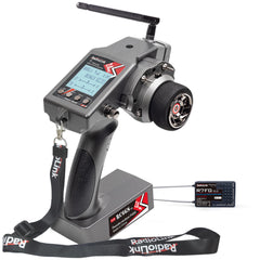 Radiolink RC6GS V3 remote front view emphasizing ergonomic grip for precise control