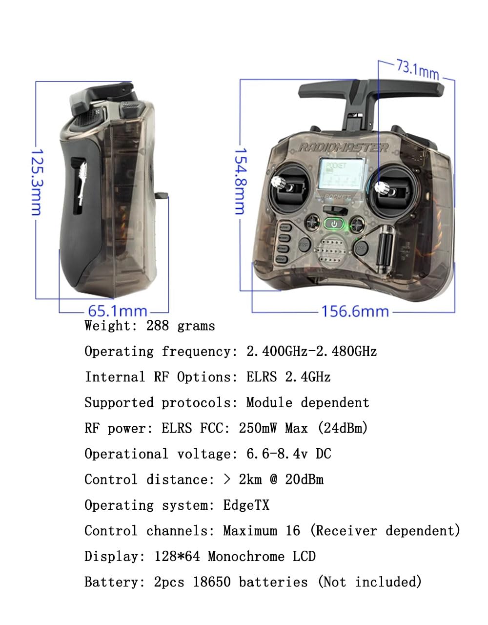 Built-in LED indicators on Radiomaster Pocket ELRS visualize inputs.