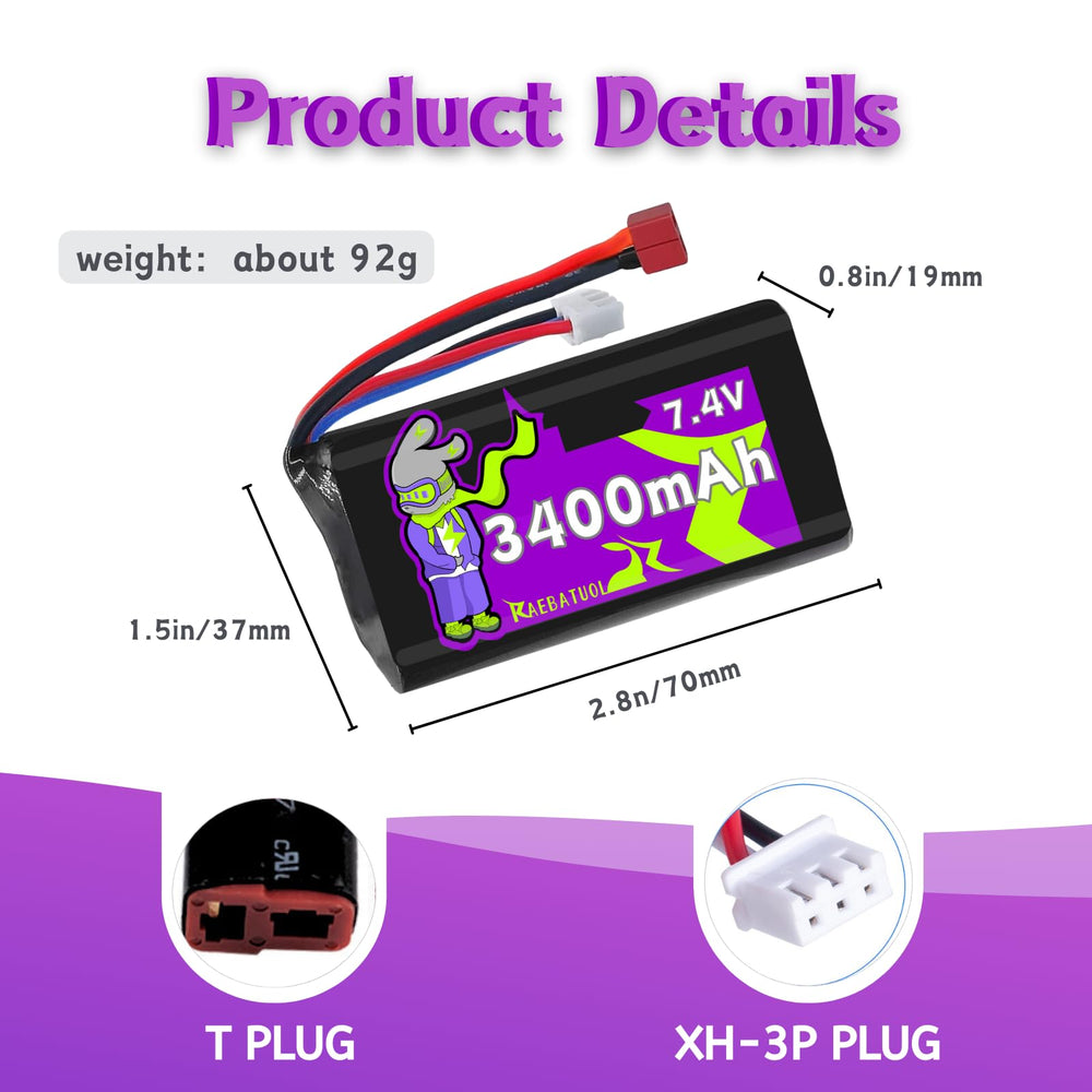 7.4V Raebatuol battery pack dimensions for compatibility checks.