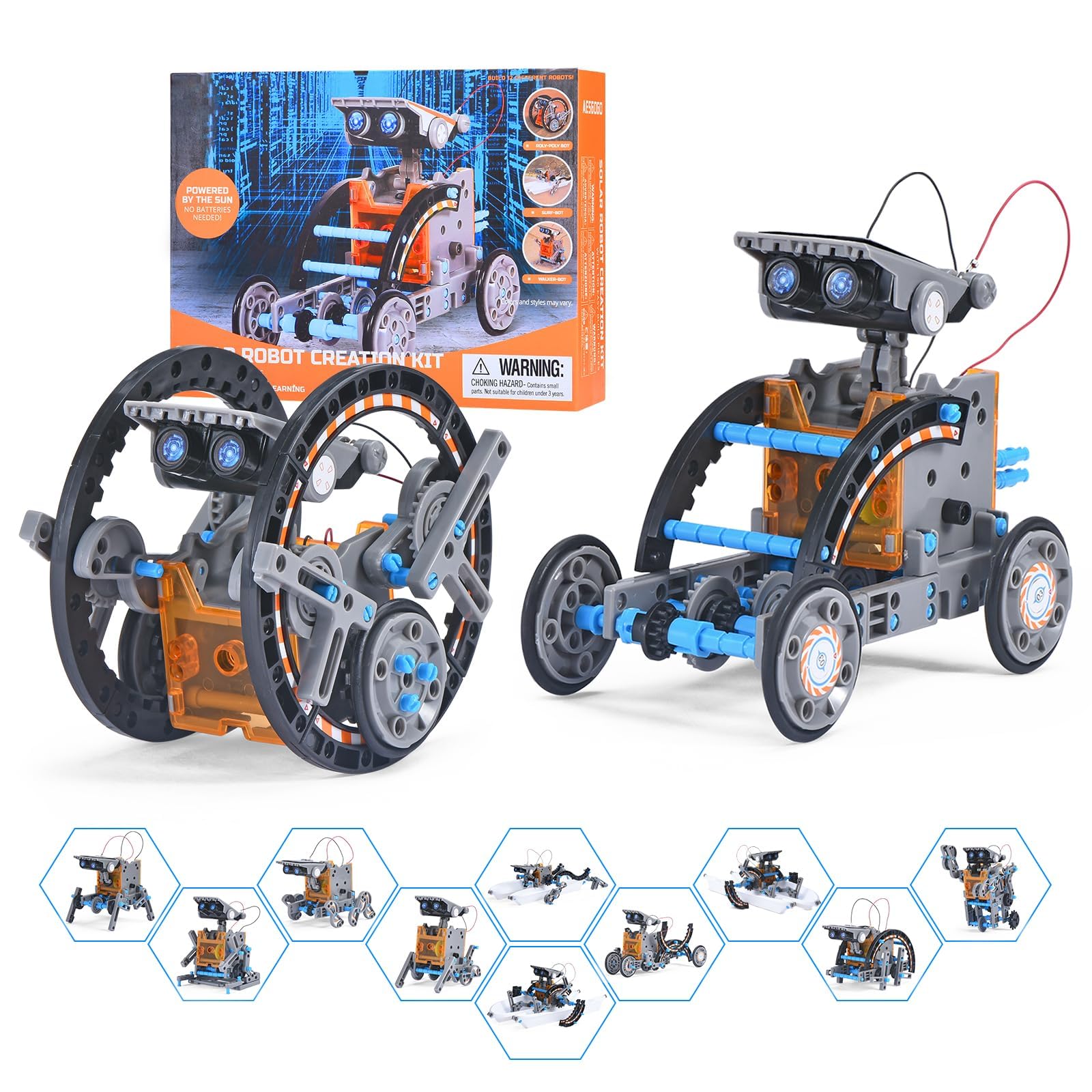 RAESOOT solar robot kit assembly showing 12 robots for creative STEM play.