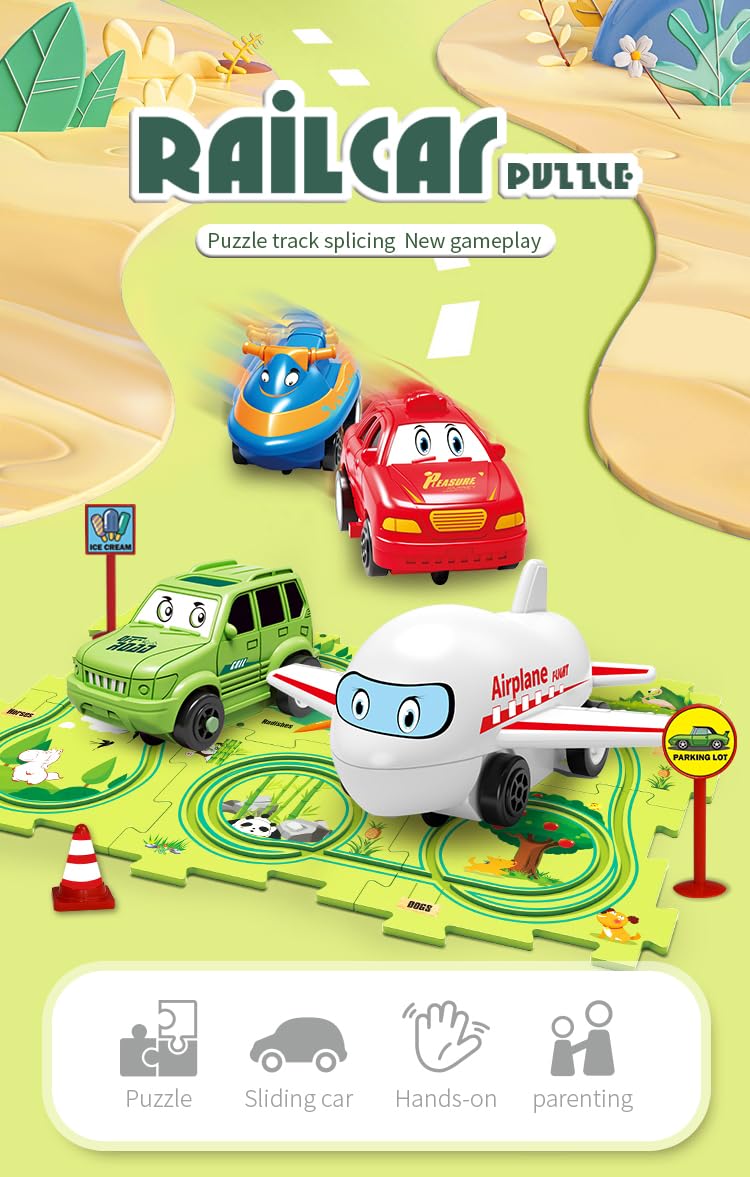 RAESOUL puzzle racer car set shows four toy cars for creative track layouts.