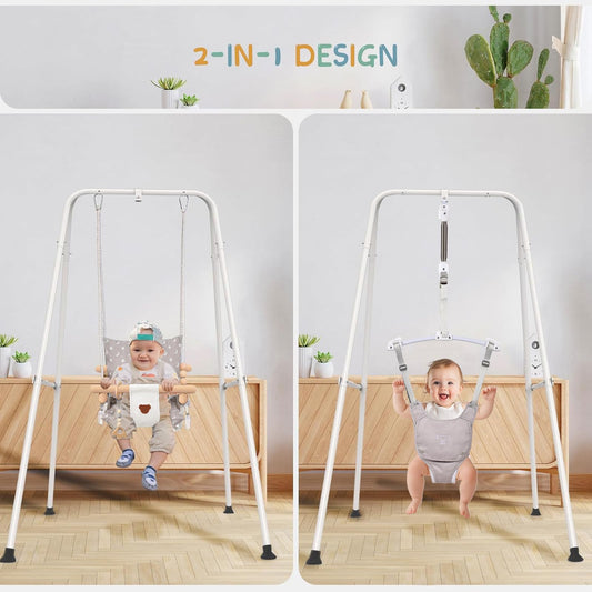 Ragozonery 2-in-1 baby jumper with toddler swing in active use.