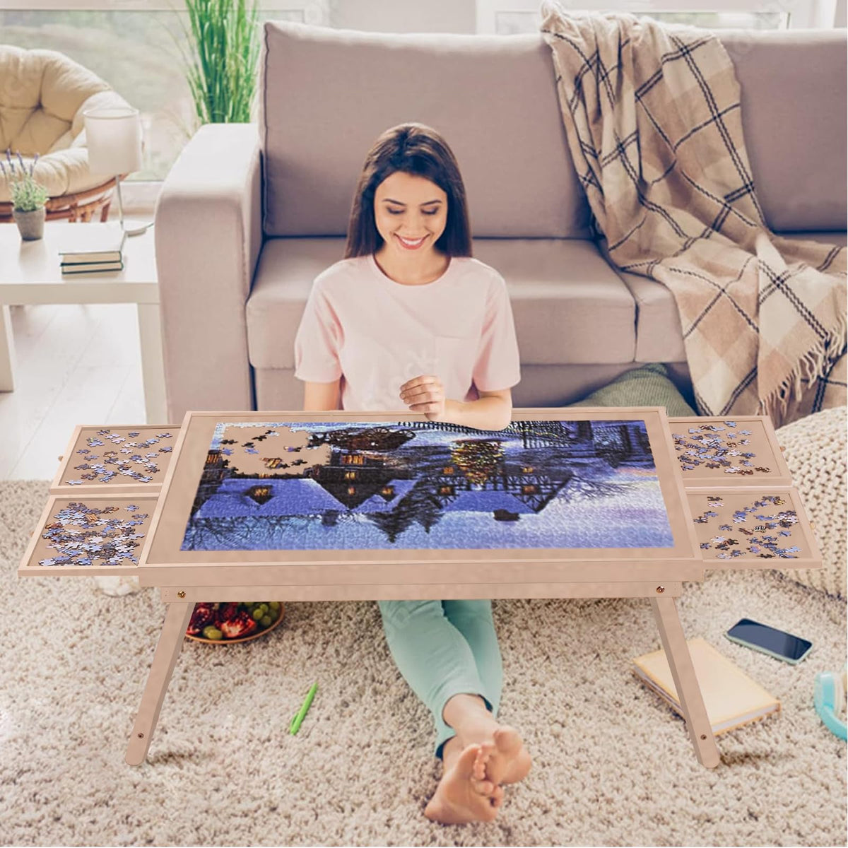 RAGOZONERY puzzle table almond top with large surface ideal for 1500-piece puzzles.