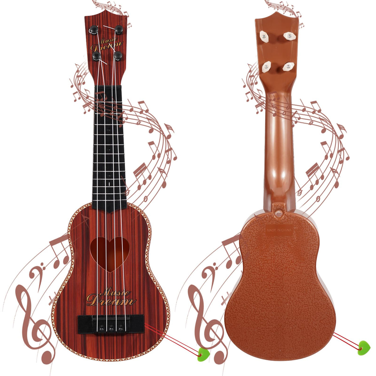 Raimy 17in brown ukulele body, durable plastic for kid-friendly play