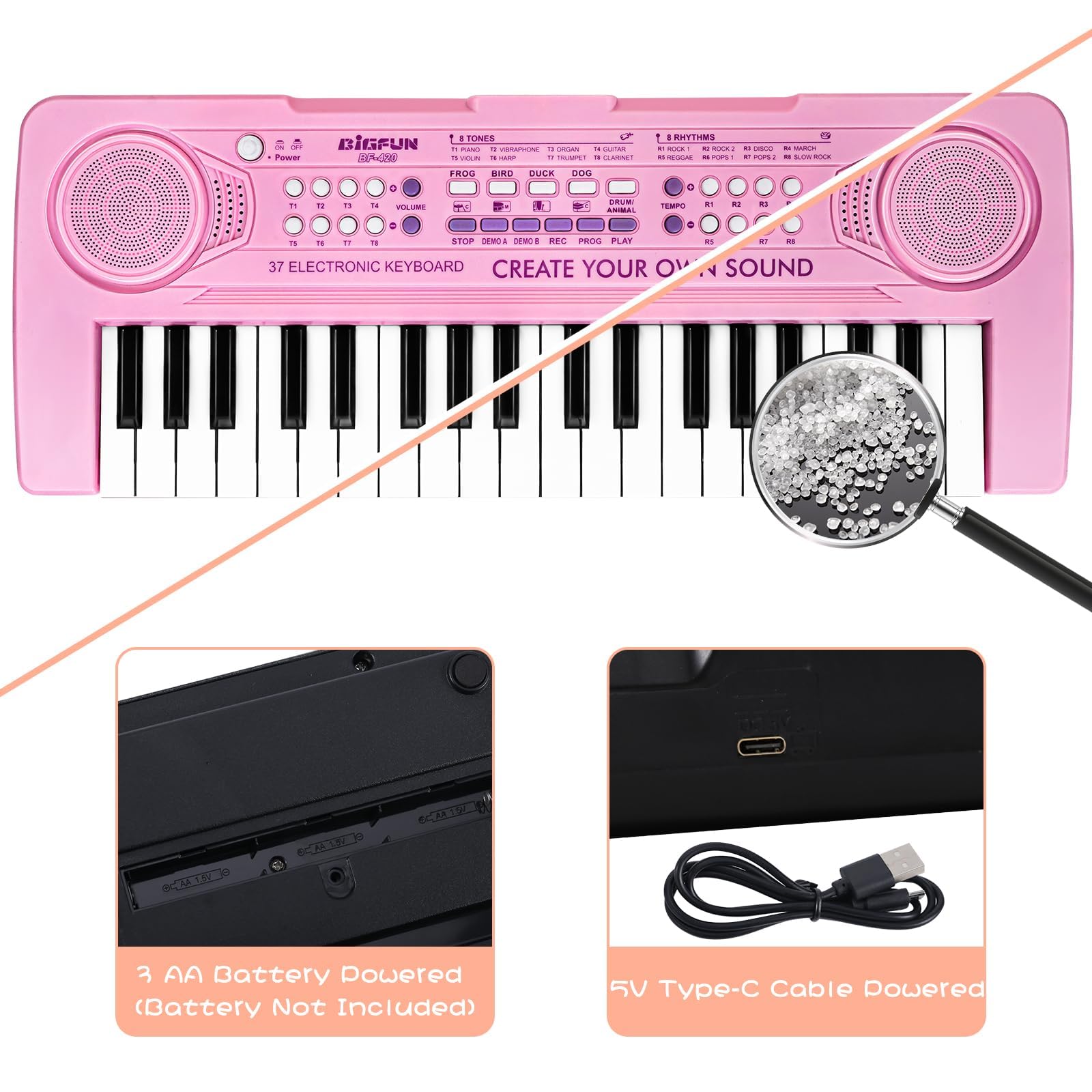 Raimy 37-keys kids piano pink top-down view highlights keys and portability