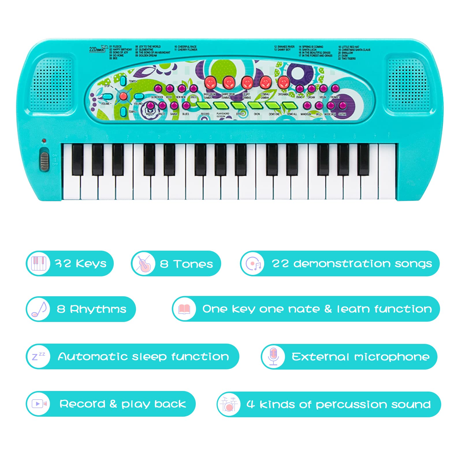 Raimy mini keyboard blue demo songs highlight, supports practice and rhythm.
