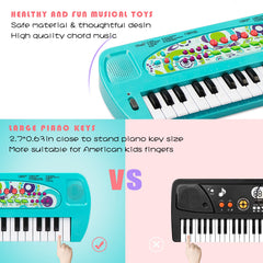Raimy mini keyboard blue with microphone, encourages singing along.