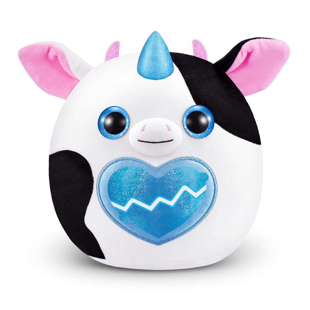 Rainbocorns Eggzania Mini Mania cow plush ready for imaginative playtime.