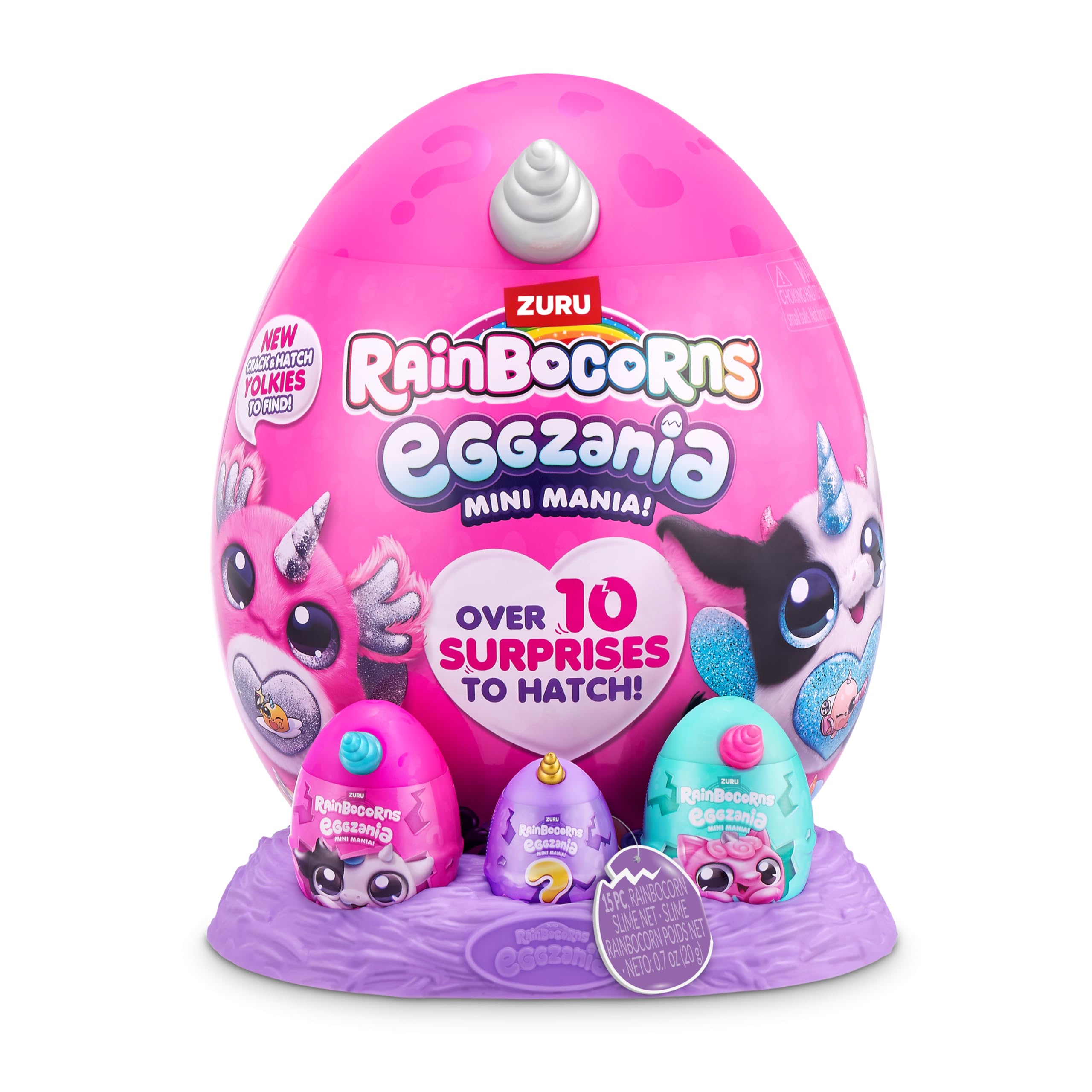 Rainbocorns Eggzania egg hatch moment shows soft plush reveal for playtime.