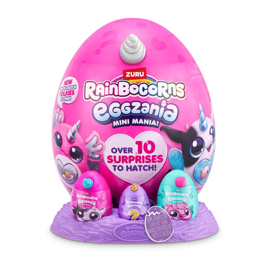 Rainbocorns Eggzania egg hatch moment shows soft plush reveal for playtime.